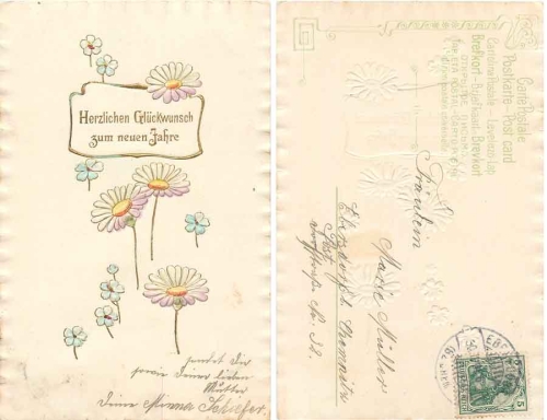 Neujahr Goldschnittprägekarte mit Blumen o 30.12.1906