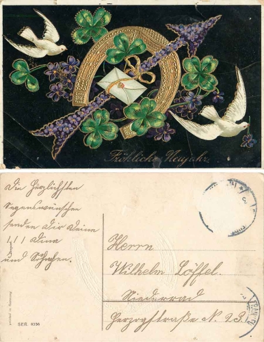 Neujahr Goldschnittprägekarte mit Hufeisen und Tauben Kleeblatt o um 1910