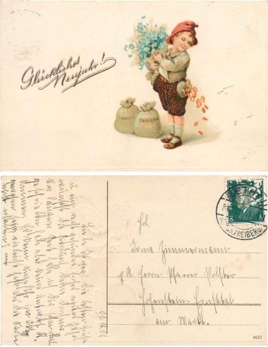Neujahr Kind mit Geldsäckchen Prägekarte o 31.12.1931