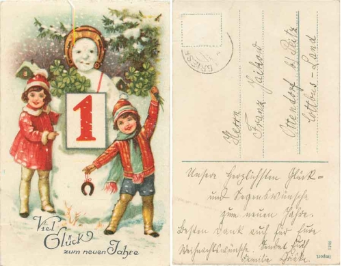 Glückwunsch Jahreswechsel Kinder mit Schneemann Glückshufeisen Kleeblätter 1915