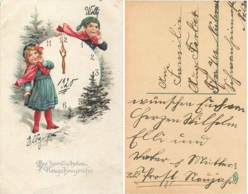 Neujahr Kinder mit Uhr Glückwunschkarte gebr. 1920