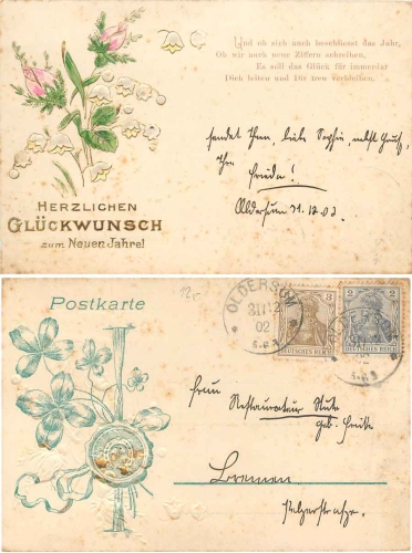 Rosen mit Maiglöckchen Neujahr Kleeblatt Prägekarte o 31.12.1902Rosen mit Maiglöckchen Neujahr Prägekarte Jugendstil o 31.12.1902