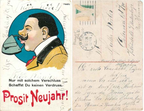 Humor, Neujahrskarte, Mann mit Schloss Mund o 31.12.1926