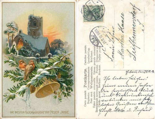 Neujahr Glückwunsch Glocke, Vögel Goldschnittkarte o 31.12.1912