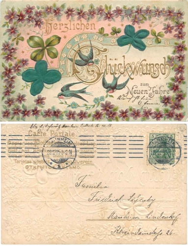 Neujahr Kleeblatt Schwalben Prägekarte mit Stoffapplikation o 29.12.1909