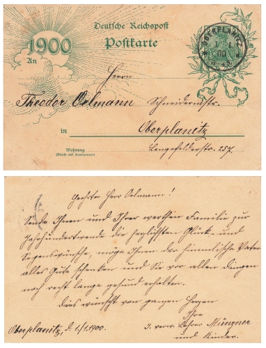 New Year's card 1900 postal stationery 5 Pfennig Reichspost o Oberplanitz 1.1.1900