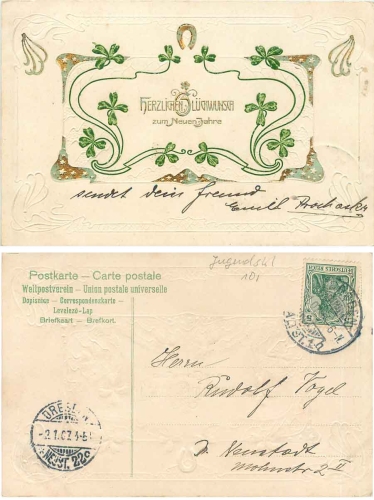 New Year's card horseshoe Art Nouveau gold embossed card o 2.1.1907