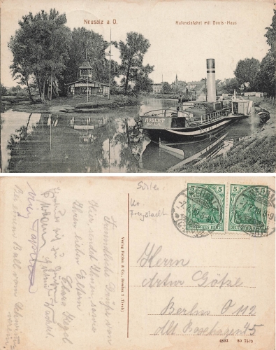 Neusalz Oder Schlesien Hafeneinfahrt mit Dampfer Robert Breslau Nowa Sol o 1919