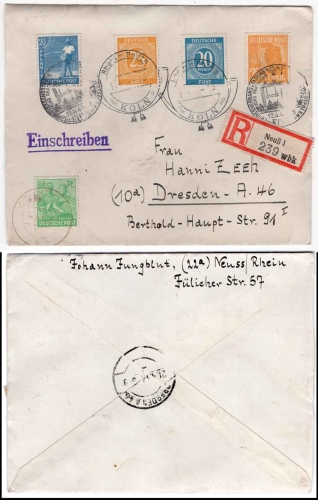 Dienststelle L 31148 Luftgaupostamt Berlin Feldpost 2.WK o 20.4.1941Neuß 1 R-Brief mit Sonderstempel Rhein-Posta Köln 12.4.1947 nach Dresden