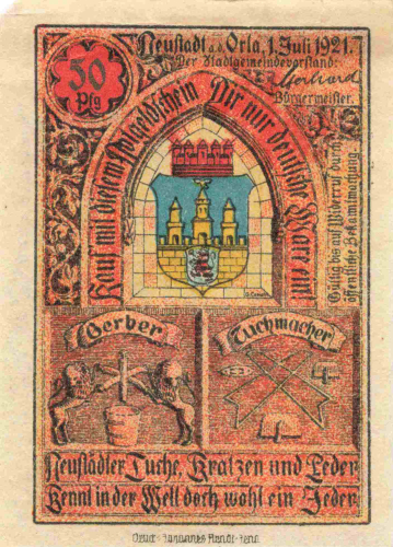 Neustadt an der Orla emergency money note, 1921