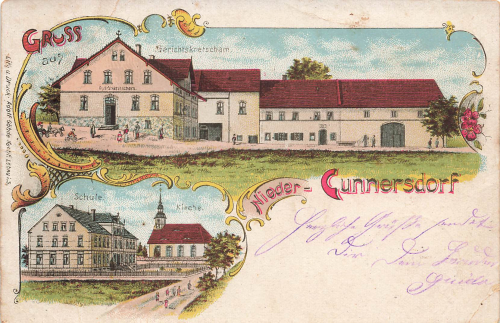 02708 Niedercunnersdorf Gerichtskretscham Schule Litho o 1906
