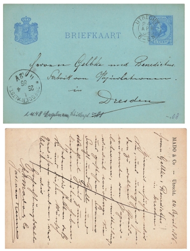 Nederland 5 Cent Briefkaart postal stationery o Utrecht April 24, 1886 to Dresden