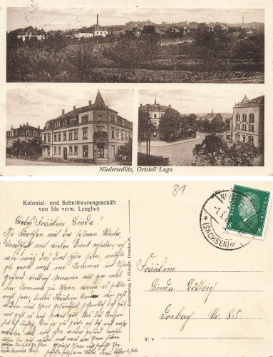 Niedersedlitz Dresden Ortsteil Luga Kolonial- und Schnittwarengeschaeft Ida Langfort o 1929