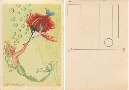 Mermaid with fish artist card A. Lewerenz 1946