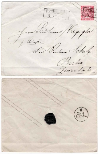 North German postal district 1 groschen postal stationery envelope from Fehrbellin April 24, 1868 to Berlin