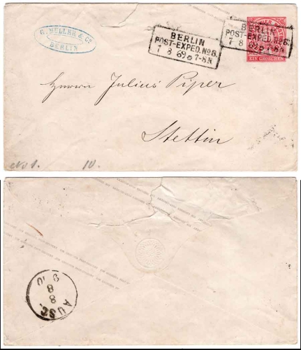 North German postal district 1 groschen postal stationery cover from Berlin August 7th, 1869 to Stettin