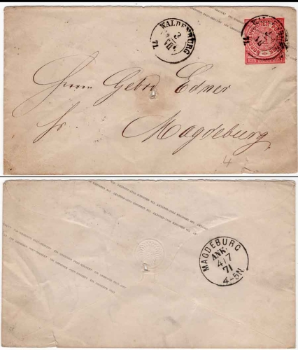 North German postal district 1 groschen postal stationery cover from Waldenburg July 3, 1871 to Magdeburg