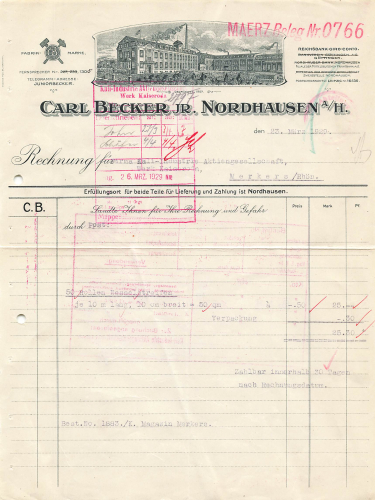 Nordhausen Briefkopf mit Firmenansicht Carl Becker JR.  1929