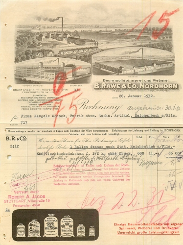 Nordhorn Baumwollspinnerei B. Rawe & Co. Briefkopf mit Firmenansicht 1932