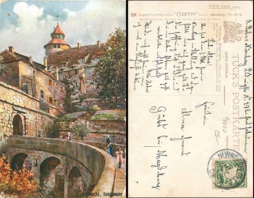 Nuremberg castle entrance Tucks Oilette No.611B artist card Charles E. Flower o 8.10.1908