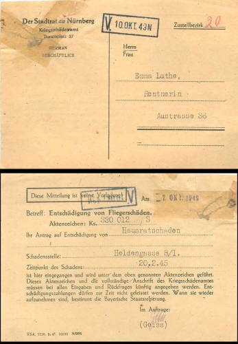 Nuremberg war damage office "Compensation for aircraft damage" 7.10.1949
