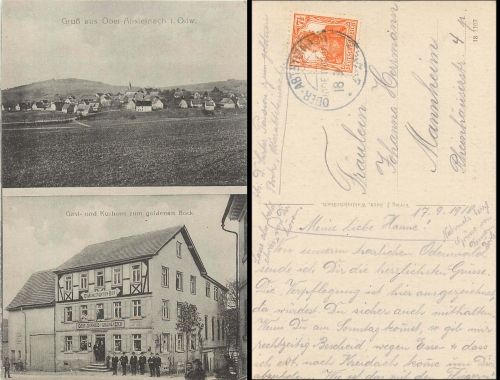 Ober Absteinach Odenwald Kurhaus zum goldenen Bock o 17.9.1918