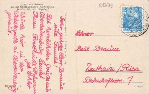 01773 Oberbaerenburg Erzgebirge Haus Waldfrieden o 1954