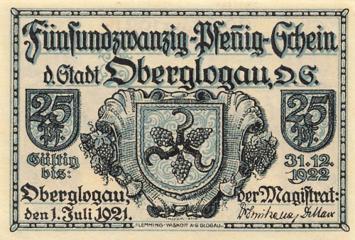 Oberglogau Oberschlesien Notgeldschein Głogówek 1921