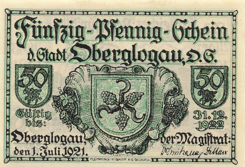 Oberglogau Oberschlesien Notgeldschein Głogówek 1921