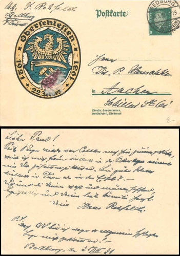 Upper Silesia postal stationary 8 Pfennig Ebert o Bedburg 26.3.1931