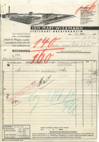 Obertürkheim Stuttgart Briefkopf Fett Fabrik Firma Joh-Mart-Wizemann 1933
