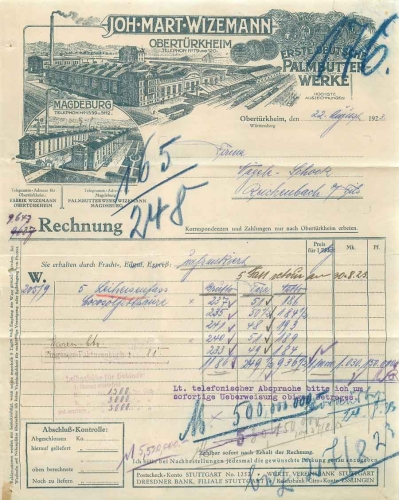 Obertuerkheim Stuttgart palm butter works Joh. Mart. Wizemann letterhead with factory view 1923