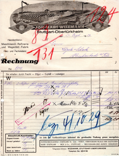 Stuttgart Obertürkheim Maschinenölfabrik Joh.M Mart. Wizemann 1924