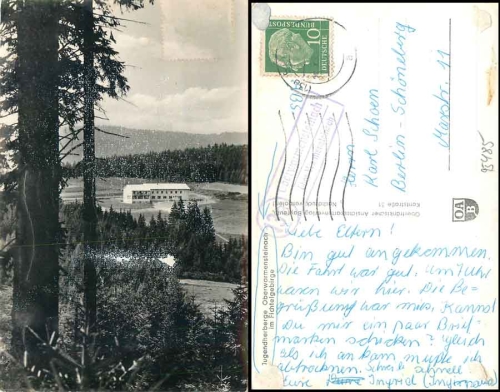 95485 Oberwarmensteinach via Warmensteinach 13a country postmark on postcard youth hostel o around 1957