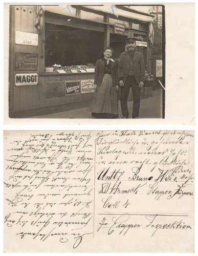 Fruit and green goods and potato shop Aloisia Thiemt sales stand with advertising signs. Real photo around 1916