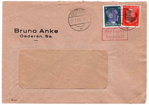 Oederan OPD Chemnitz blackening AP 783 786 red fee paid stamp on cover o 27.7.1945