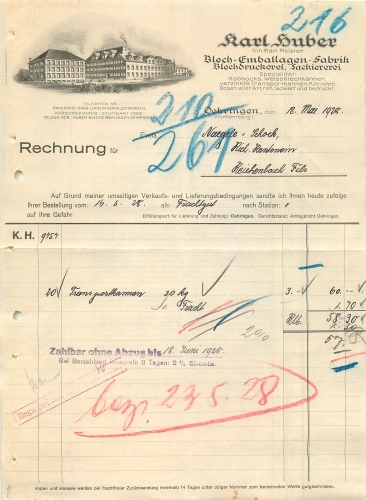 Oehringen Blech-Emballagen-Fabrik Karl Huber Letterhead with factory view 1928
