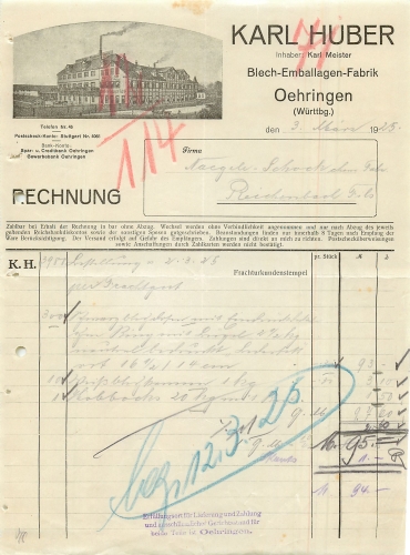 74613 Oehringen Blech-Emballagen-Fabrik Karl Huber Briefkopf 1925