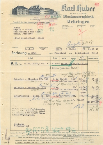 74613 Oehringen Blechwarenfabrik Karl Huber Briefkopf 1947