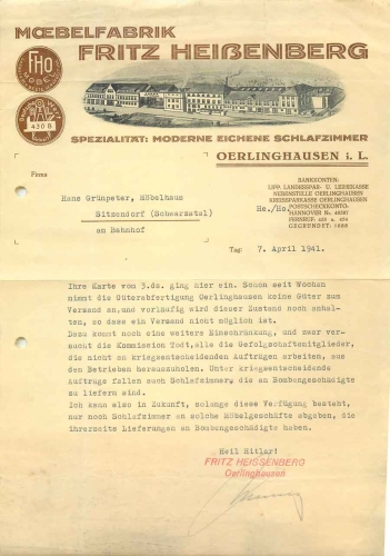 33813 Oerlinghausen furniture factory Fritz Heißenberg letterhead with factory view 1941