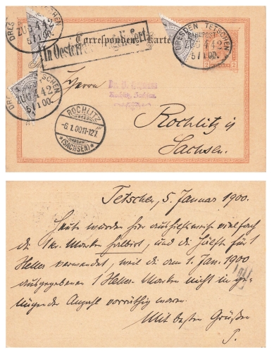 Austria 2 Kreuzer postal stationery with 3 x halved 1 Kreuzer stamp o Bahnpost Dresden Tetschen Zug 442 5.1.1900