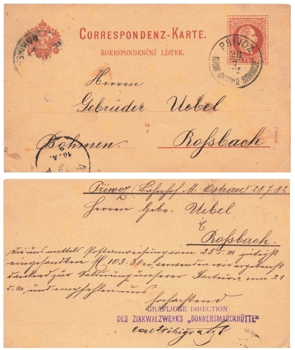Austria 2 Kreuzer Korrespondencni Listek stationary o Privoz 28.7.1882 to Rossbach in Bohemia