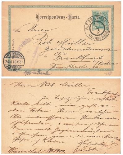 Österreich 5 Heller Correspondenz-Karte Ganzsache o Wiesenthal an der Neisse 1.3.1901 nach Frankfurt Oder