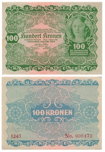 Oesterreichisch Ungarische Bank 100 Hundert Kronen 2. Janner 1922