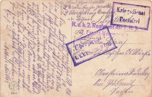 K.u.K. 2nd Regiment of T.K.J. 2nd replacement company censorship stamp Prague military service free postage o July 9, 1916