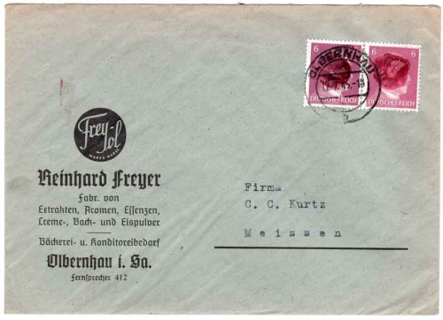 Olbernhau OPD Chemnitz blackening on horizontal pair 6 Pfg Hitler on letter o 12.7.1945 to Meissen
