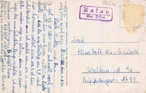 Oranienbaum Schloss Landpoststempel Kakau über Dessau o 1942