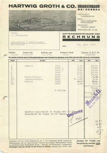 06785 Oranienbaum near Dessau Hartwig Groth & Co. Letterhead with factory view 1938