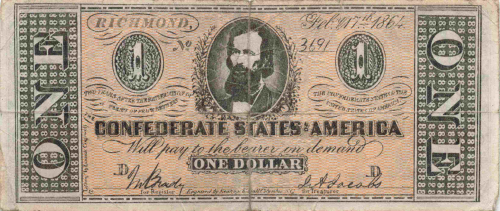 Original 1 Dollar Konföderierte Staaten 1864 Banknote T-71 Bürgerkrieg