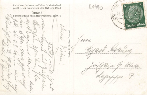 01990 Ortrand Bahnhofstrasse mit Kriegerdenkmal o 1940